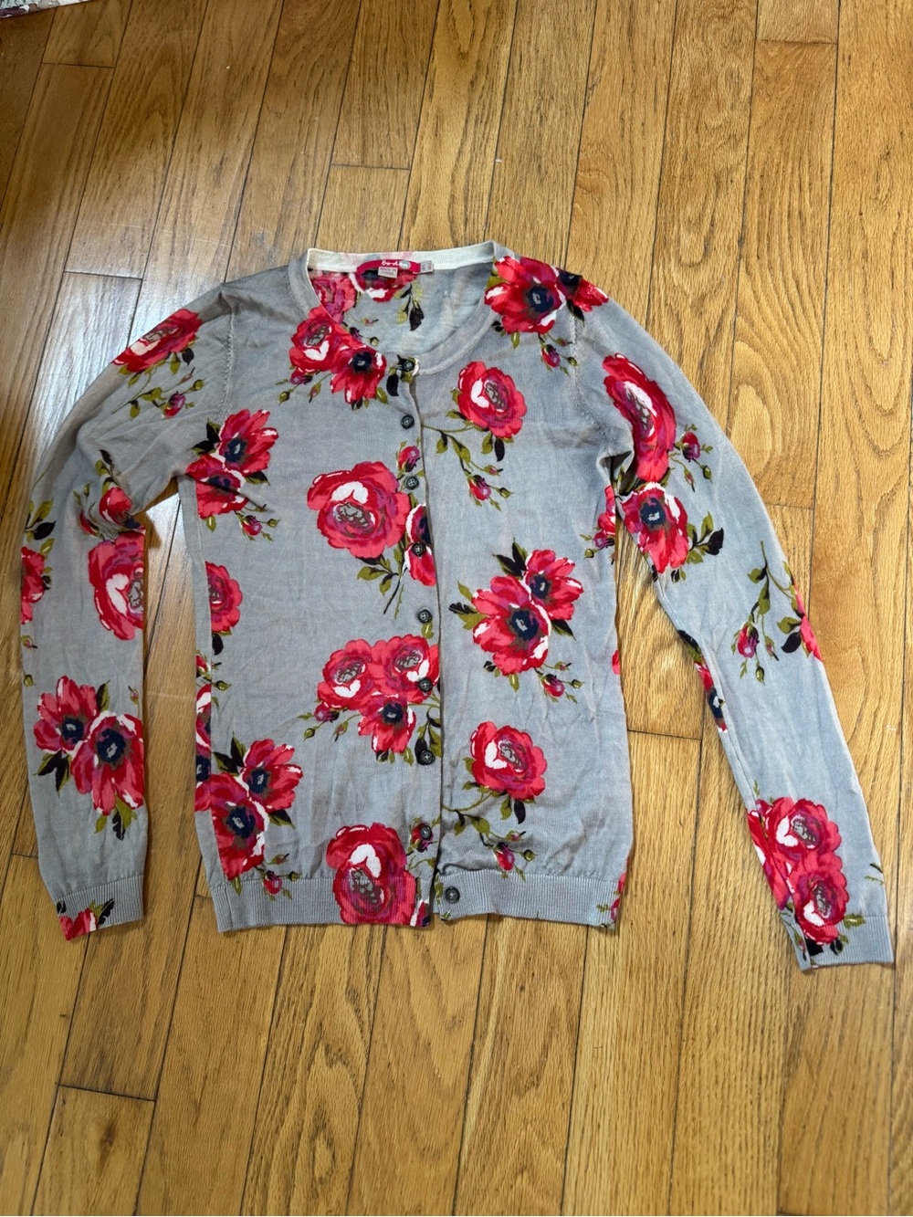 Boden Women 100% Wool Lightweight Floral Front Button Sweater Sz 2 Cottage Prep